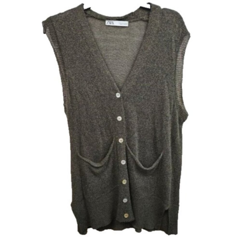 Zara Womens Sleeveless Cardigan Medium Olive Green Longline Button Up Minimalist